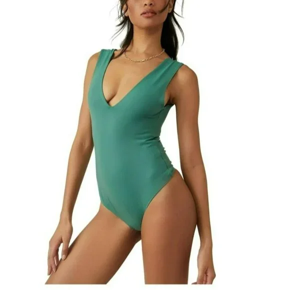 Free People Keep It Sleek Bodysuit Thong Sleeveless Women's L Forest Road Green - Picture 5 of 16